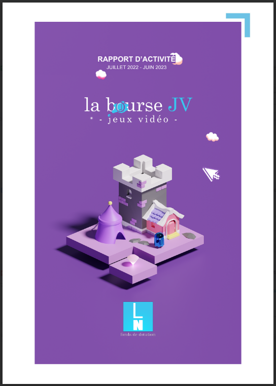page de couverture du rapport annuel 2022-2023 de la Bourse Jeux Vidéo, avec l'illustration réalisée par Héloïse, bénévole de l'association. 